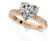 Solitaire Engagement Ring Setting for Heart-Shaped Center with Milgrain-Edged Pave Band and Prong Head in Rose Gold