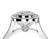 Halo Engagement Ring Setting for Cushion Cut Center with Milgrain Frame, Pave Band and Prong Head in Platinum