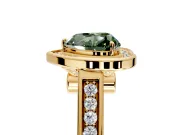 Halo Engagement Ring Setting for Fancy Green Heart-Shaped Center with Outer Bezel Rim, Pave Band and Prong Head in Yellow Gold