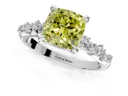 Solitaire Engagement Ring Setting for Fancy Yellow Cushion Cut Center with Trailing Leaf Accent Band and Prong Head in Sterling Silver