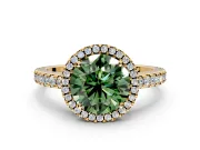 Accent Halo Engagement Ring Setting for Fancy Green Round Cut Center with Full-Length Pave Band and Prong Head in Yellow Gold