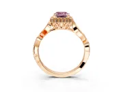 Halo Engagement Ring Setting for Fancy Pink Emerald Cut Center with Leaf Motif Split Shank and Prong Head in Rose Gold