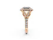 Double Halo Engagement Ring Setting for Emerald Cut Center with Narrow Pave Split Shank and Prong Head in Rose Gold