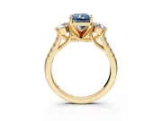 3 Stone Engagement Ring Setting for Fancy Blue Radiant Cut Center with Crossover Basket, Pave Band and Prong Head in Yellow Gold