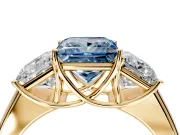 3 Stone Engagement Ring Setting for Fancy Blue Princess Cut Center with Raised Basket Heads and Prong Head in Yellow Gold