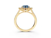 Sunburst Halo Engagement Ring Setting for Fancy Blue Round Cut Center with Pave Band and Prong Head in Yellow Gold