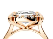 Single Halo Engagement Ring Setting for Asscher Cut Center with Corner Claws, Plain Band and Prong Head in Rose Gold