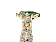 3 Stone Engagement Ring Setting for Fancy Green Pear-Shaped Center with Pave Split Shank and Prong Head in Yellow Gold