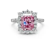 Halo Engagement Ring Setting for Fancy Pink Radiant Cut Center with Single-Row Pave, Open Basket and Prong Head in White Gold