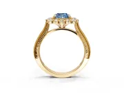 Milgrain Halo Engagement Ring Setting for Fancy Blue Cushion Cut Center with Bezel Point Accents and Prong Head in Yellow Gold