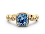 Milgrain Bezel Engagement Ring Setting for Fancy Blue Cushion Cut Center with Marquise Stations and Bezel Head in Yellow Gold