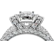 Pave Engagement Ring Setting for Emerald Cut Center with Curved Accent Rows, Openwork and Prong Head in Platinum