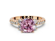 Paired Accent Engagement Ring Setting for Fancy Pink Cushion Cut Center with Pave Band and Prong Head in Rose Gold