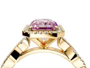 Halo Engagement Ring Setting for Fancy Pink Radiant Cut Center with Pave and Plain Twist Band and Prong Head in Yellow Gold