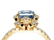 Halo Engagement Ring Setting for Fancy Blue Asscher Cut Center with Openwork Halo, Pave Band and Prong Head in Yellow Gold