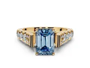 Solitaire Engagement Ring Setting for Fancy Blue Emerald Cut Center with Pave Cathedral Shoulders and Prong Head in Yellow Gold