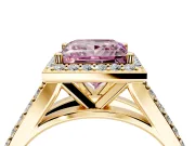 Halo Engagement Ring Setting for Fancy Pink Princess Cut Center with Narrow Pave Split Shank and Prong Head in Yellow Gold