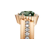 Halo Engagement Ring Setting for Fancy Green Heart-Shaped Center with Wide Band, Inlaid Accent Row and Prong Head in Rose Gold