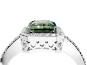 Halo Engagement Ring Setting for Fancy Green Radiant Cut Center with Heart-Shaped Openwork, Pave Band and Prong Head in White Gold