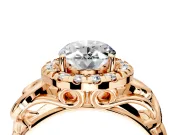 Halo Engagement Ring Setting for Oval Center with Open Scroll Shoulders and Prong Head in Rose Gold