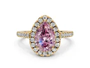 Halo Engagement Ring Setting for Fancy Pink Pear-Shaped Center with Raised Halo, Pave Band and Prong Head in Yellow Gold