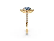 Sunburst Halo Engagement Ring Setting for Fancy Blue Round Cut Center with Pave Band and Prong Head in Yellow Gold