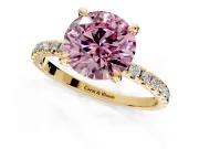 Solitaire Engagement Ring Setting for Fancy Pink Round Cut Center with Fine Pave Narrow Band and Prong Head in Yellow Gold