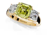3 Stone Engagement Ring Setting for Fancy Yellow Asscher Cut Center with Raised Basket Heads and Prong Head in Yellow Gold