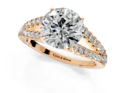 Solitaire Engagement Ring Setting for Round Cut Center with Pave Split Shank and Prong Head in Rose Gold