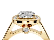 Halo Engagement Ring Setting for Cushion Cut Center with Outer Bezel Rim, Pave Band and Prong Head in Yellow Gold