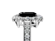 Halo Engagement Ring Setting for Fancy Black Emerald Cut Center with Milgrain Channel Band and Prong Head in White Gold