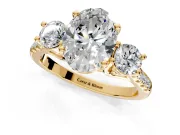 3 Stone Engagement Ring Setting for Oval Center with Crossover Basket, Pave Band and Prong Head in Yellow Gold