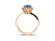 Halo Engagement Ring Setting for Fancy Blue Round Cut Center with Openwork Halo, Pave Band and Prong Head in Rose Gold