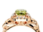 Halo Engagement Ring Setting for Fancy Yellow Emerald Cut Center with Open Scroll Shoulders and Prong Head in Rose Gold