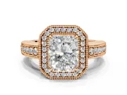 Milgrain Halo Engagement Ring Setting for Radiant Cut Center with Pave Band and Prong Head in Rose Gold
