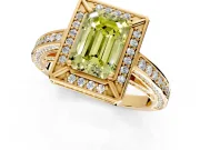 Halo Engagement Ring Setting for Fancy Yellow Emerald Cut Center with Framed Halo, Pave Band and Prong Head in Yellow Gold