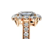 Halo Engagement Ring Setting for Emerald Cut Center with Milgrain Channel Band and Prong Head in Rose Gold