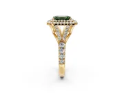 Double Halo Engagement Ring Setting for Fancy Green Emerald Cut Center with Narrow Pave Split Shank and Prong Head in Yellow Gold