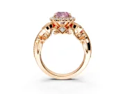 Milgrain Halo Engagement Ring Setting for Fancy Pink Cushion Cut Center with Shoulder Bezels and Prong Head in Rose Gold