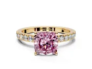 Solitaire Engagement Ring Setting for Fancy Pink Cushion Cut Center with Round Cut Pave Band and Prong Head in Yellow Gold
