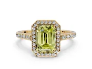 Halo Engagement Ring Setting for Fancy Yellow Emerald Cut Center with Pave Accents, Heart Basket and Prong Head in Yellow Gold