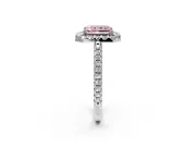Pave Halo Engagement Ring Setting for Fancy Pink Radiant Cut Center with Single Row Pave Band and Prong Head in Platinum