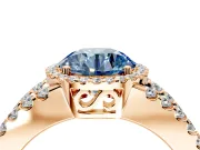 Halo Engagement Ring Setting for Fancy Blue Round Cut Center with Wide-Open Pave Split Shank and Prong Head in Rose Gold