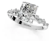 Cluster Engagement Ring Setting for Radiant Cut Center with Round Cut Accent Band and Prong Head in White Gold