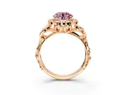 Halo Engagement Ring Setting for Fancy Pink Round Cut Center with Open Scroll Shoulders and Prong Head in Rose Gold