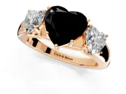3 Stone Engagement Ring Setting for Fancy Black Heart-Shaped Center with Raised Basket Heads and Prong Head in Rose Gold