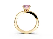 Solitaire Engagement Ring Setting for Fancy Pink Cushion Cut Center with Milgrain-Edged Pave Band and Prong Head in Yellow Gold