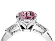 3 Stone Engagement Ring Setting for Fancy Pink Round Cut Center with Channel Baguette Accents and Prong Head in White Gold