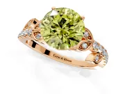 Leaf Motif Engagement Ring Setting for Fancy Yellow Round Cut Center with Pave Band and Prong Head in Rose Gold