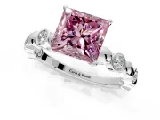 Solitaire Engagement Ring Setting for Fancy Pink Princess Cut Center with Beaded Bezel Station Band and Prong Head in White Gold